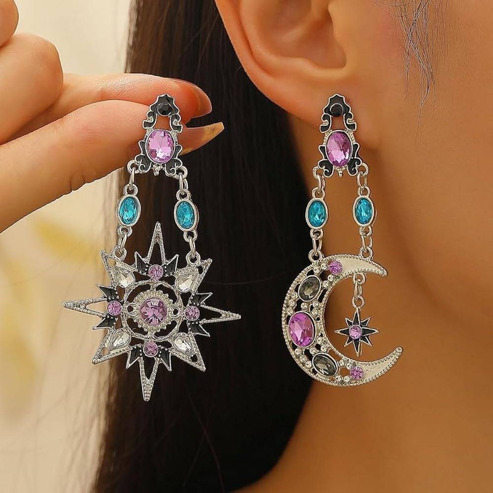 purple silver blue star moon celestial party‎ festival dangle stud earrings